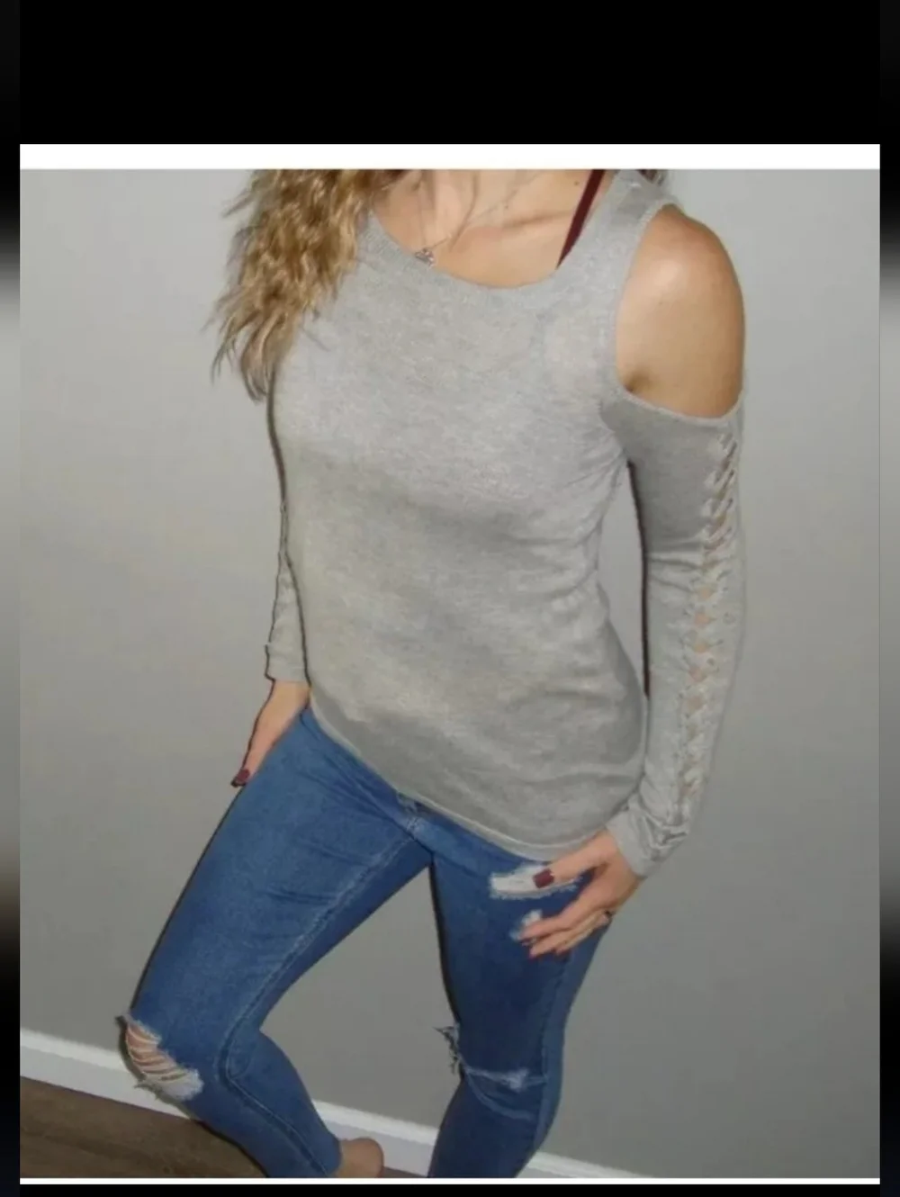 Pink Republic Gray Cold Shoulder Knit Sweater Shirt Top Size XS